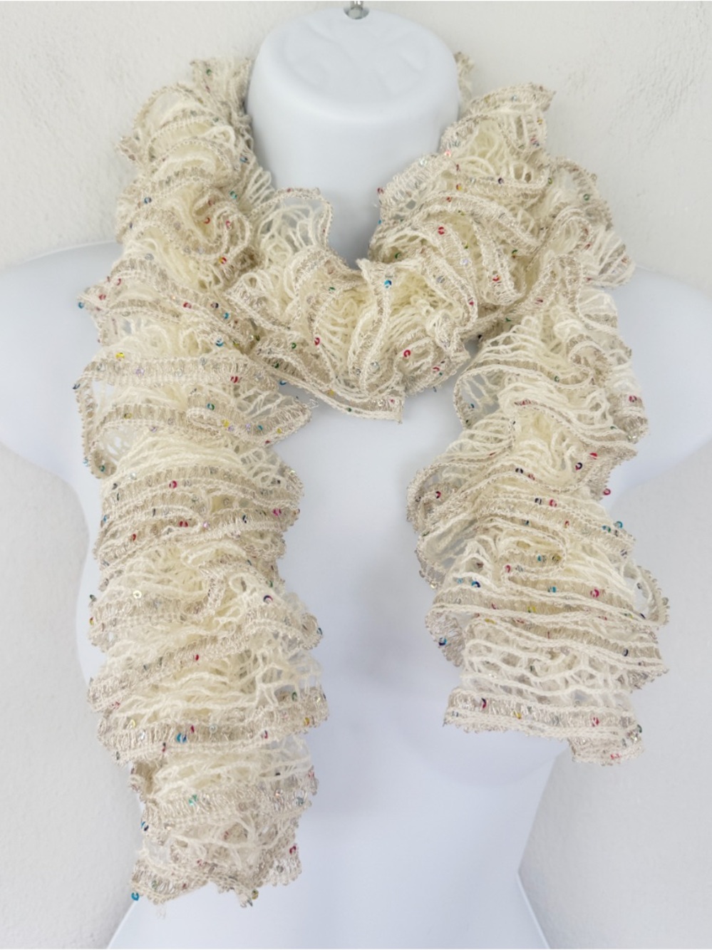Handmade cream off-white rainbow sequin embroidered crochet knit scarf OS